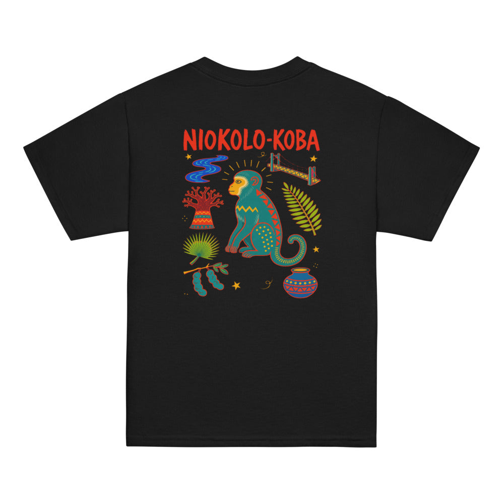 Niokolo-Koba Back Print Kids Tee in Black, back view