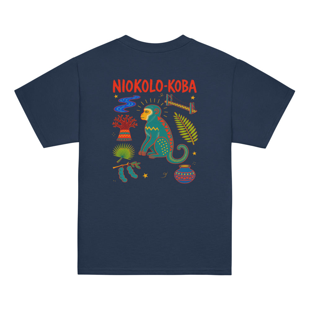 Tee enfant Niokolo, éparpillé Niokolo-Koba imprimé dans le dos, coloris Marine, vu de dos