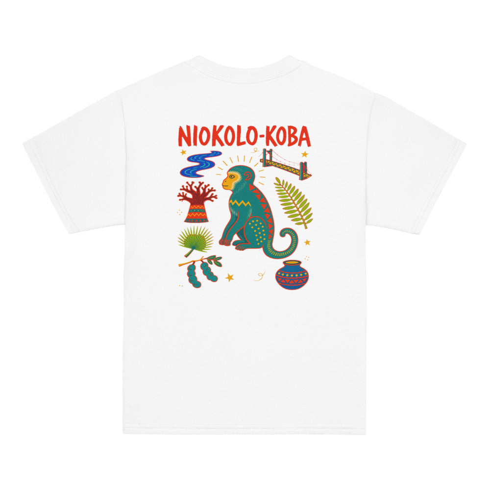 Niokolo-Koba Back Print Kids Tee in White, back view